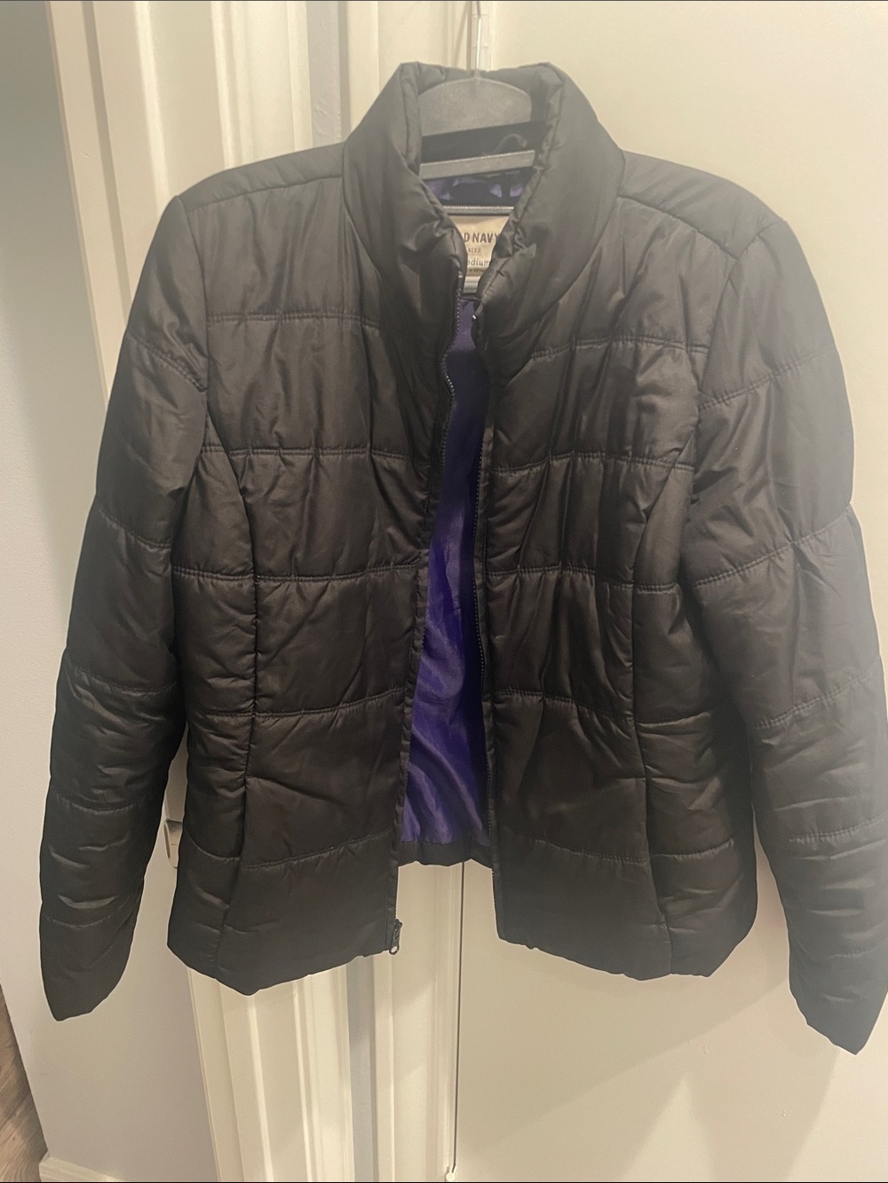 Old Navy Black Quilted Puffer Jacket with Purple Lining